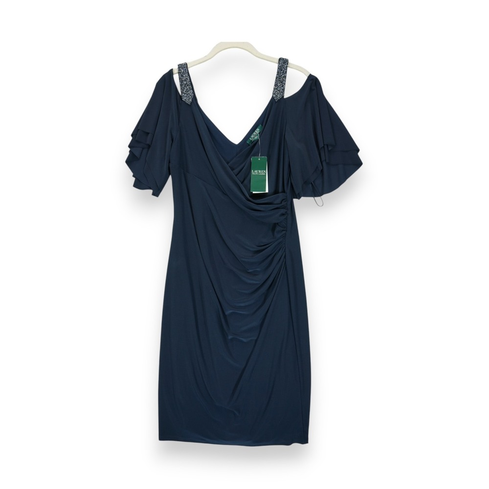 NWT Lauren Ralph Lauren Women Blue Beaded Flutter Sleeve Dress Cocktail Size 10